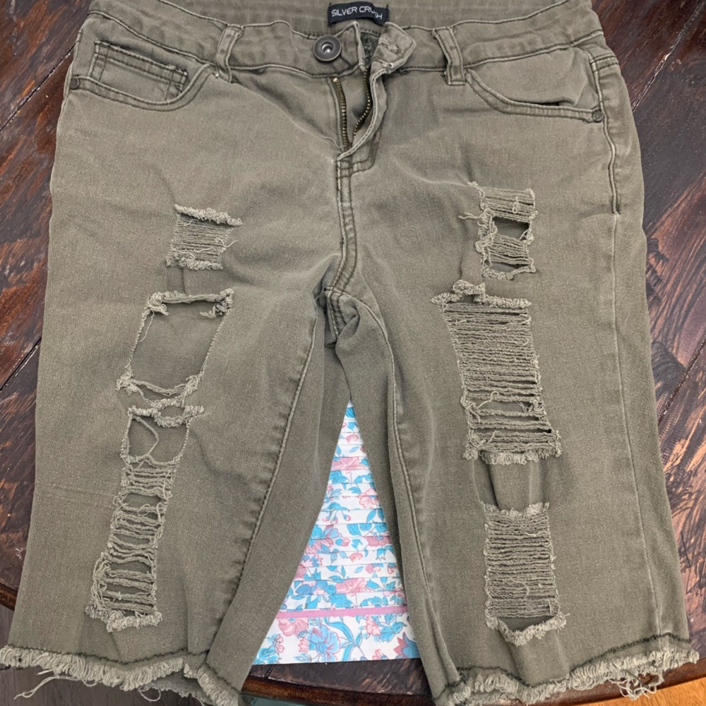Distressed Olive Green Ripped Denim Shorts